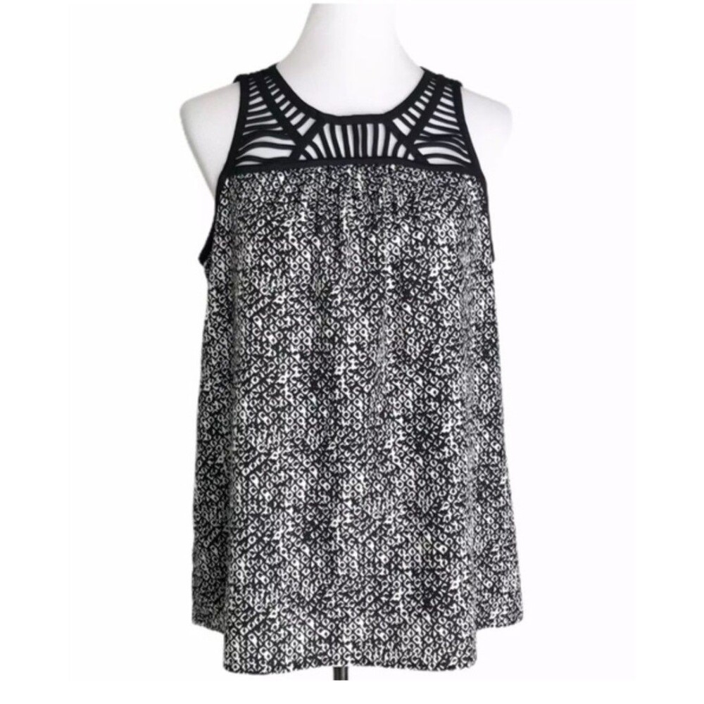 Ann Taylor Size M Blouse Black White Geometric Cage Neck Strappy Sleeveless Work